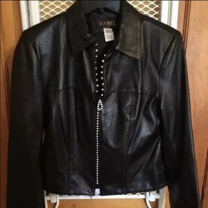 Isabel Black Real Leather Crystal Zipper Jacket XS
